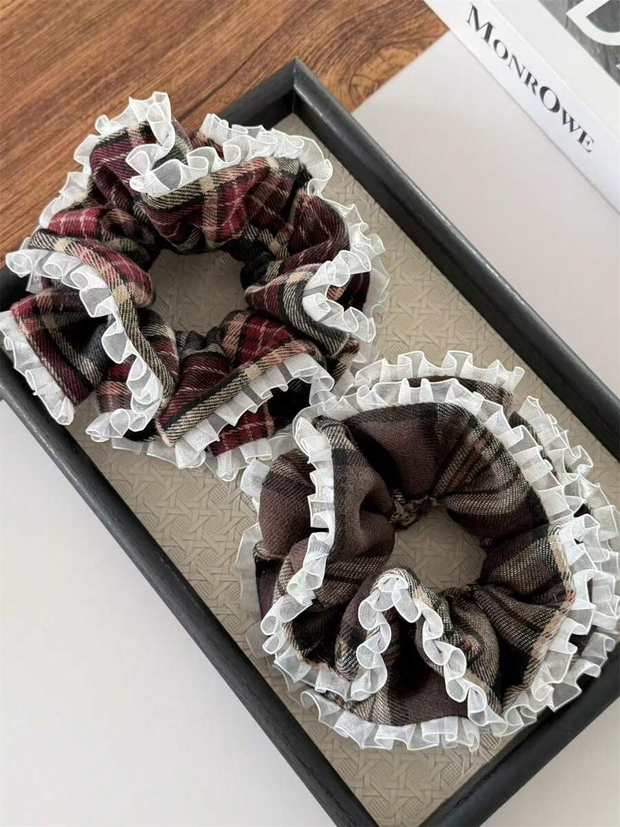 1pc Women's Fashion Elegant Fabric Plaid Lace Trim Double-Layer Hair Scrunchie, Ponytail Holder Hair Accessory, Suitable For Vacation, Daily Outings, Hair Styling Decoration, Bohemian Elegant ,Hair Ties ,Scrunchy Hair Ties