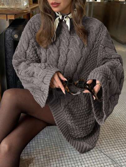 Just Masa Women Autumn And Winter Casual Pure Color Hemp Pattern Round Collar Wide Sleeve Long Sleeve Sweater