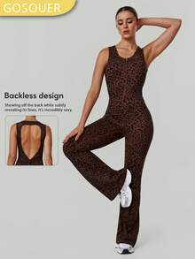 GOSOUER 1 Peça Macacão Flare Feminino Sexy com Decote V Profundo Vazado, Estampa de Onça, Gola Redonda, Zíper Frontal, Cintura Alta, Contorno, Esporte, Corrida, Fitness, Ginástica, Dança - Vinho - Visão 3