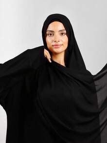 1件装穆斯林女士经典休闲套头雪纺围巾，纯色舒适透气莫代尔面料，松紧带和抽绳设计，一体式头巾，适合穆斯林日常使用 - 黑色 - 查看 3