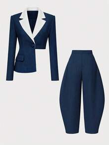 GLOURI Women's Pinstripe Two-Piece Suit - Contrasting White Lapel & Wide-Leg Pants | Chic Sophisticated Style For Formal Events,Asymmetric Design Fashion Gatherings & Evening Outings (Statement-Making Silhouette) For Polished Glam Looks - 藍色 - 查看 4