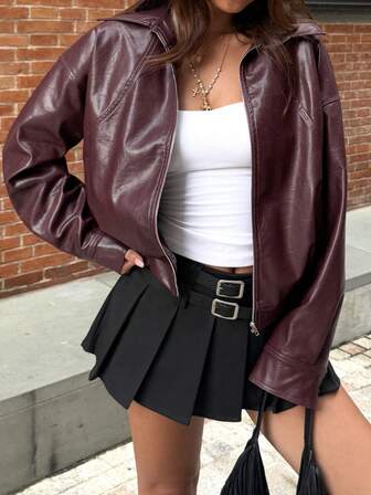 SOLTRB Women's Retro Fashion Solid Color Zipper Pocket Jacket, Suitable For College, Evening Date