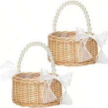 1 Set Wicker Flower Girl Basket And Headpiece, Handwoven Wicker Basket With Pearl Handle And Bow, Fairy Flower Basket - Multicolor - View 11