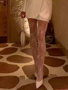 Tights For Women High Waist Fishnet Stockings Lace Leggings Floral Lace Pantyhose - 白色 - 查看 2