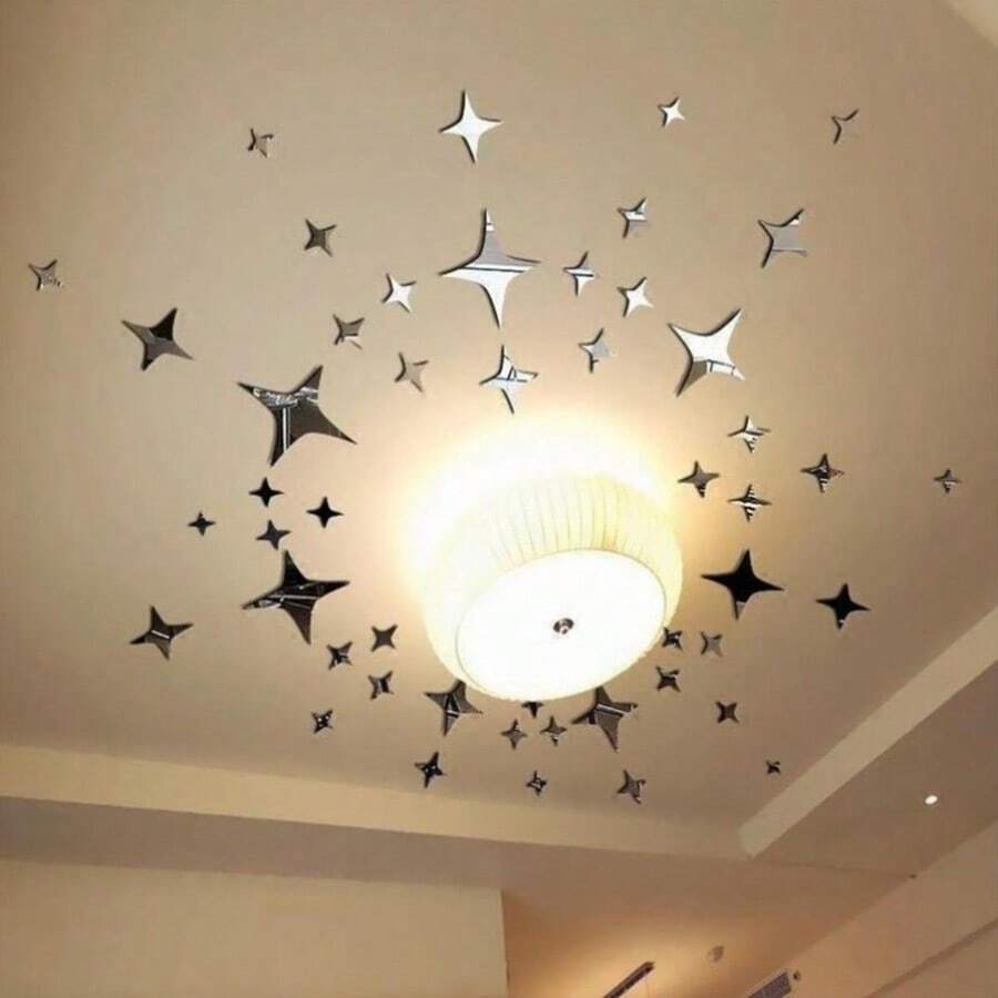50 Detachable 3D Star-Shaped Mirror Effect Wall Art Stickers - Polymer, Classic Style, Colour: Silver, Suitable For Home Decor, Wall Decoration - Multicolor - View 1