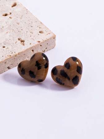 1 par retro leopardmönster hjärtformade örhängen, elegant stil, höst/vinter