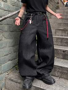 1件复古美式风格男士刺绣阔腿牛仔裤，个性化口袋，宽松休闲牛仔裤（不含腰带和配饰） - 黑色 - 查看 5