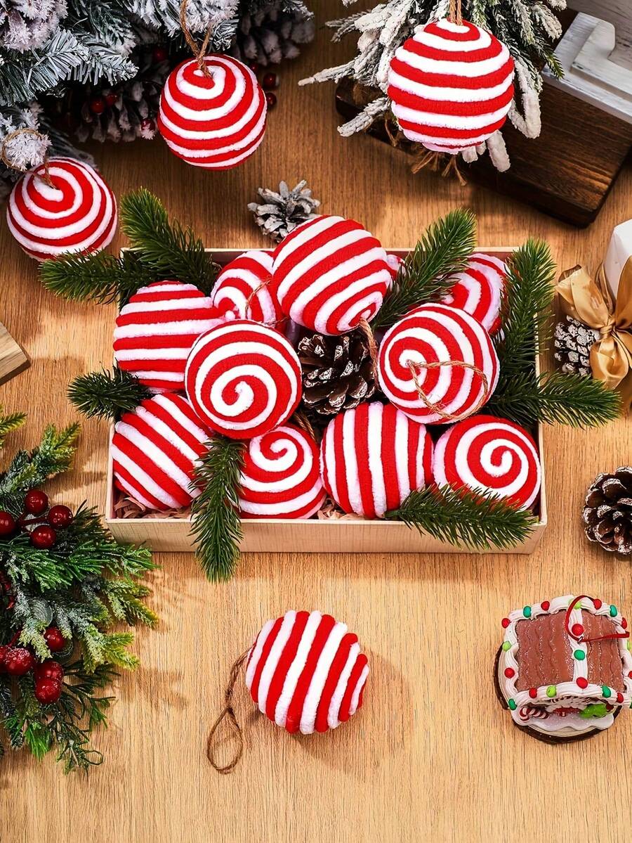 2/12 Pieces Of Fluffy Christmas Ball Accessories, Red And White /Red And Greenmint Candy Decoration Set, Hanging Christmas Tree Decoration, Christmas Ball Vortex Candy Baseball Suitable For Holidays,Xmas Tree Hanging, Holiday Parties & Themes (Swirl Candy Ball Design) - Multicolor - View 1