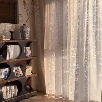 1pc French Romantic Classic Delicate Leaf Design Sheer Curtain, Privacy Window Treatment, Suitable For Living Room, Bedroom, Balcony, Office, Window Decor