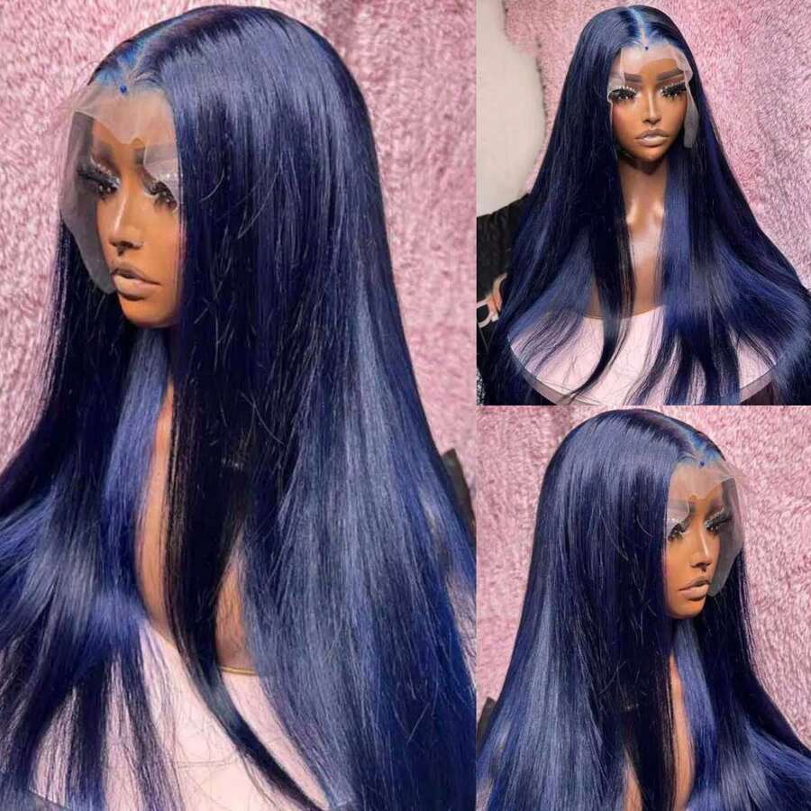 Dark Blue Lace Front Wigs Human Hair Silky Straight 13x4 HD Transparent Glueless Wigs Human Hair 250 Density Blue Colored Long Straight Wigs Human Hair For Women Natural Hairline With Baby Hair Holiday Christmas New Year Valentine's Day Wig - SBlue - 查看 1
