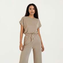 Women's 2-Piece Set Short Sleeve Relaxed Fit Top And Wide Leg Pants With Soft Stretch Fabric And Drawstring Waist - 卡其色 - 查看 2