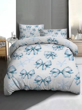 3 PiecesBlue And White Watercolor Bow Bedding Set. Decorated With Stars, Fresh And Gentle Style, Soothing And Cute. Suitable For Ins-Themed Bedrooms, Suitable For Teenagers And Adults, Providing Warmth All Year Round With Soft And Breathable Lightweight Bed Covers. Suitable For Housewarming, Birthday, Festival Gifts, As Well As Gifts Between Boyfriends And Girlfriends.