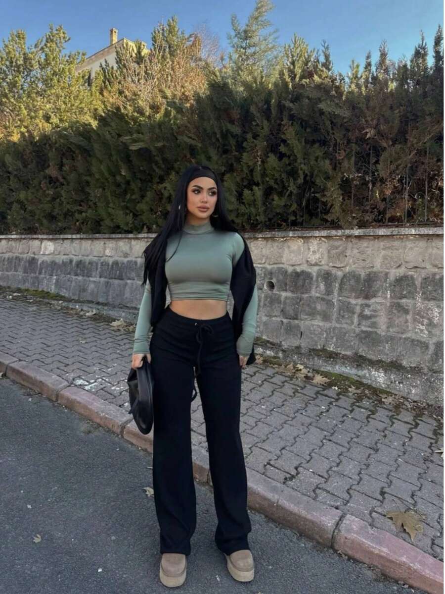 High Waisted Drawstring Wide Leg Sweatpants | Heather Grey Loose Lounge Trousers - Black - View 1