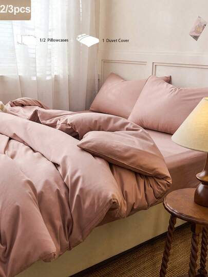 2or3pcs/Set 100% Cotton Dusty Pink Plain Duvet Cover Set Reversible (1 Duvet Cover & 1/2 Pillowcase) Breathable Fabric Bedding Set For Home, All Season Two Tone Design Bedding Set For Bedroom & Guest Room Wedding Valentine's Day Dormitory School Bedding Set Dormitory Bedding Back School Bedding