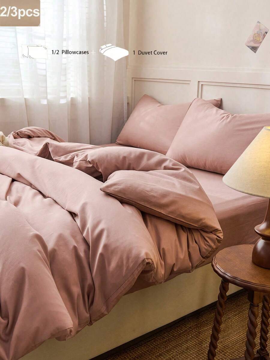 2件或3件套 100%纯棉淡粉色纯色双面被套套装(1个被套和1/2个枕套)透气面料床上用品套装,适合家庭使用,四季皆宜。双色设计,适用于卧室、客房、婚礼、情人节、宿舍、学校等场合。宿舍床上用品,返校季床上用品。 - 藕粉色 - 查看 1