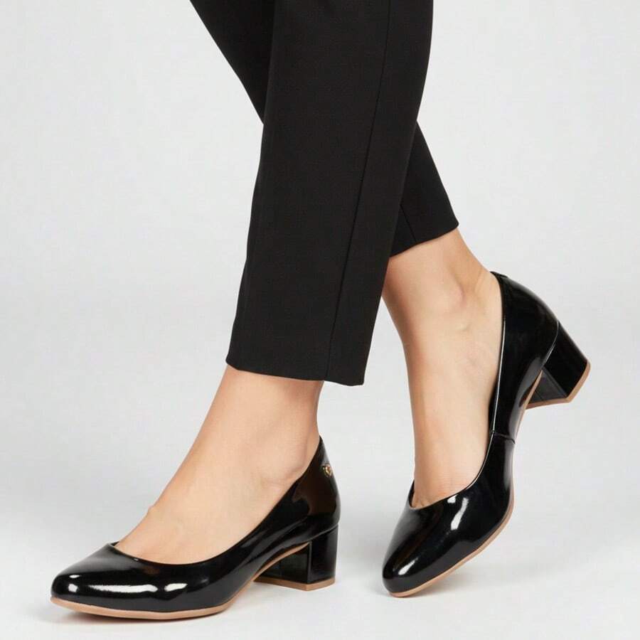 Women's Formal Shoes Scarpin Scarpan Medium High Heel Block Toe Patent Leather Ref 040 - Black - View 1