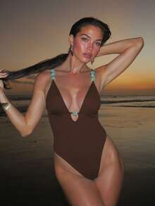 女士纯色性感串珠露背连体针织面料系带度假沙滩约会泳衣夏季 - 棕色 - 查看 2