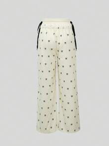 Calça pantalona com estampa de laço e renda, moda primavera/outono 2025, ideal para mulheres na primavera, outono, Halloween, Natal, Dia Nacional da Arábia Saudita e Ano Novo. - Damasco - Ver 5