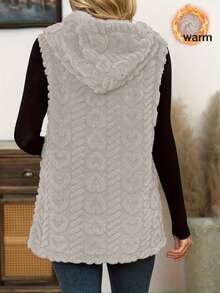 Women's Solid Color Hooded Knit Vest, Sleeveless Button Front Cardigan, Regular Length, With Fuzzy Details - Apricot - View 4