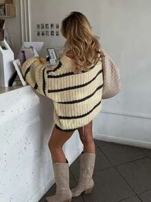 Colorblock Striped Loose Casual Pullover Sweater Top, Versatile - Black and White - View 6