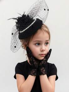 1 Set Kids Party Dress With Pearl Mini Hat + Lace Gloves Combination, Suitable For Gatherings, Parties, And Photo Shoots - Hats and Gloves - View 1