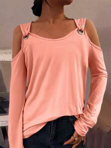 Minimalana Elegant Casual Fashion Off-Shoulder Design U-Neck Cropped Long Sleeve T-Shirt For Women, Spring/Summer - Orange - View 3