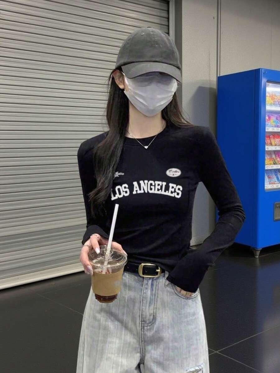 女士休闲宽松卡通字母印花圆领短袖T恤，时尚百搭，春秋季 - 黑色 - 查看 1