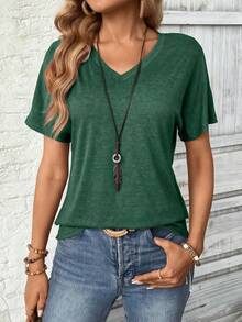 2件/套纯色V领T恤，女士休闲短袖T恤，春夏款 - 彩色 - 查看 5