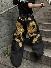 1件复古美式风格男士刺绣阔腿牛仔裤，个性化口袋，宽松休闲牛仔裤（不含腰带和配饰） - 黑色 - 查看 6