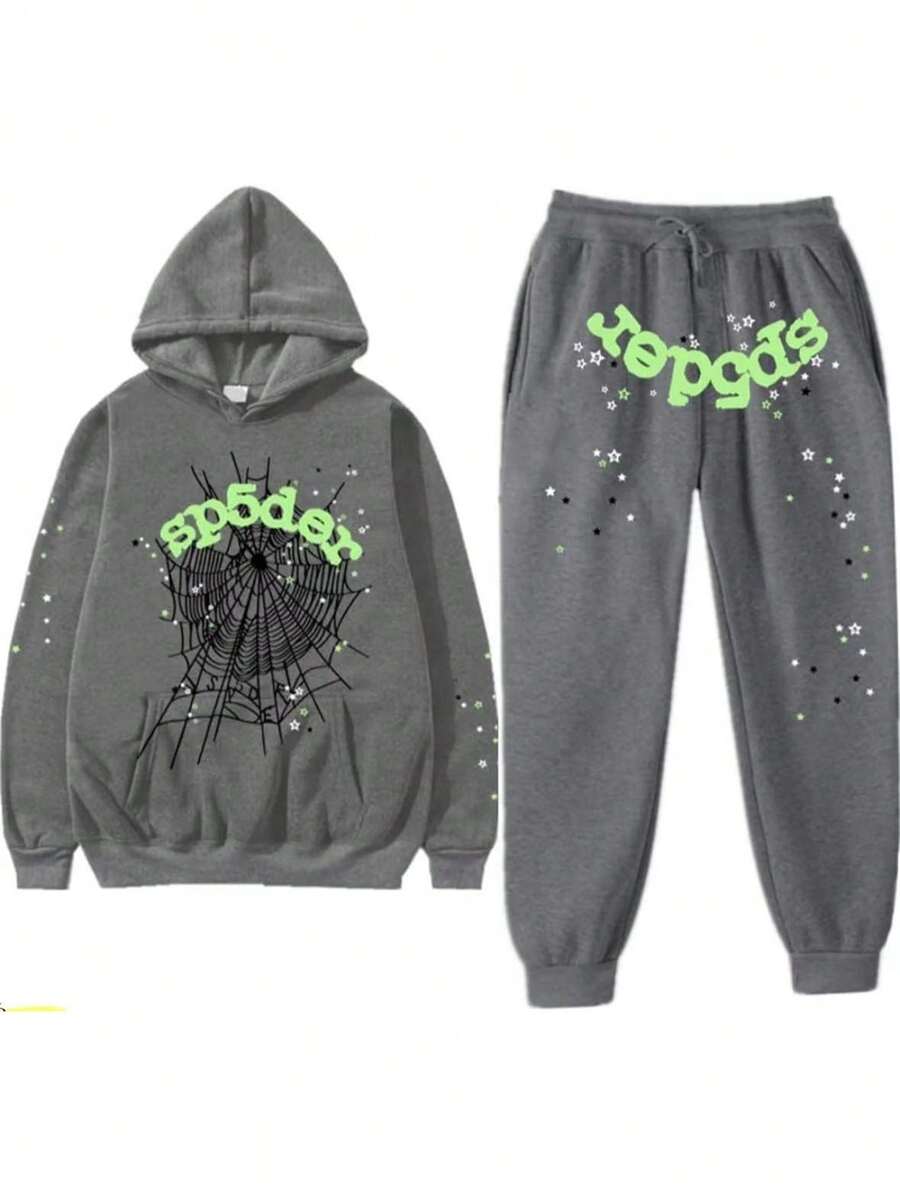 Y2k Hoodies, Men's Hip Hop Spider WebPattern, Graphic Alphabet Print HarajukuVintage Hoodie, Punk Rock Style, LongSleeve Street Wear Top For Both Men AndWomen Oversized Hoodies - 灰色套裝 - 查看 1