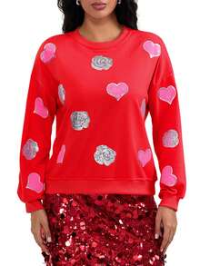 Women's Valentine Loose Sweatshirt Long Sleeve Round Neck Sequins Rose Heart Pullover - Red - View 4