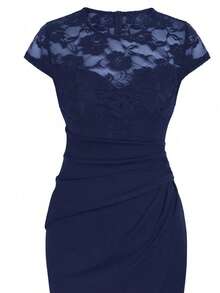 1 chiếc đầm nữ kiểu dáng thường ngày thoải mái, thanh lịch, có mũ, tay dài, phối ren, eo nhún, thích hợp cho tiệc cocktail, dự tiệc trang trọng, xẻ tà phía trước, phù hợp mặc hàng ngày và dự tiệc mùa hè. - Màu xanh hải quân - Xem 4