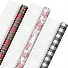 - Papel de regalo de Navidad reversible (3 rollos: 120 m2 ft. ttl) Merry Holidays, copos de nieve, muñecos de nieve, rayas rojas V4NO - Red Toile, Black Buffalo Plaid, Navidad, manualidades - Ver 3