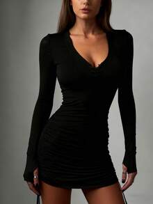 Women's Casual, Elegant, And Sexy INS Style Tight Fitting Hip Bag Side Drawstring Dress, Suitable For Christmas, Thanksgiving,Discount Special Offer - Black - View 5