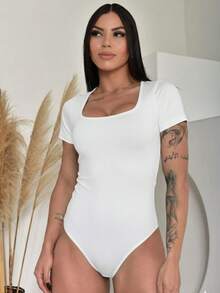 Body Suplex Feminino Manga Curta Decote Quadrado Collant Gola Reta