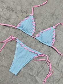 بيكيني نسائي صيفي ملابس علوية مثلثة هالتر (تفاصيل ربط) + سراويل مطاطية عالية المطاطية، طقم ملابس سباحة أنيق وجذاب للشاطئ - أزرق فاتح اللون - مشاهدة 1