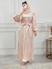 女士优雅扭腰圆领长袖提花连衣裙，派对礼服，阿拉伯风格连衣裙，新年礼服，情人节粉色连衣裙 - 粉色 - 查看 4