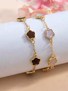 2pcs Fashionable Minimalist Brown & Light Purple Five-Petal Flower & Clover Women Bracelet, Versatile For Summer, Elegant - Brown - View 4