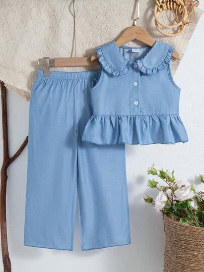2pcs Girls Casual Solid Color Button Decor Collar Sleeveless Top And Long Pants Set, Summer