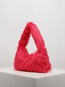 纯色毛绒糖果色手提包，圣诞包，女士礼物，情人节礼物，秋冬礼物，Y2K风格，个性化，可爱，日常，购物，约会 - 紅色 - 查看 2