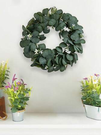 1PC Artificial Eucalyptus Leaf Wreath, 12/17'' Faux Green Leaves Wreath With White Flowers, Farmhouse Greenery Garland, Outdoor Spring Summer Decoration Green Garland, For Front Door Wall Window Garden Porch Balcony Wedding Decor, Bohemian Style Home Decoration