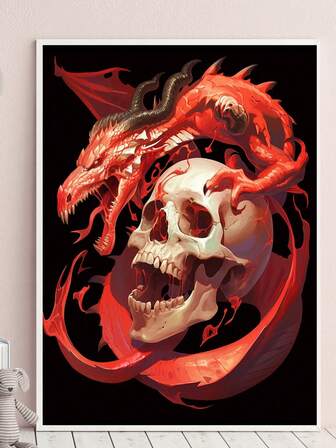 Kit de pintura de diamantes 5D, Cráneo gótico fantasía y dragón rojo, Pintura de diamantes 5D redonda con mosaico de rhinestones artificiales, Suministros de pintura para principiantes, Pintura de diamantes hecha a mano con gemas para decoración de pared del hogar y regalo