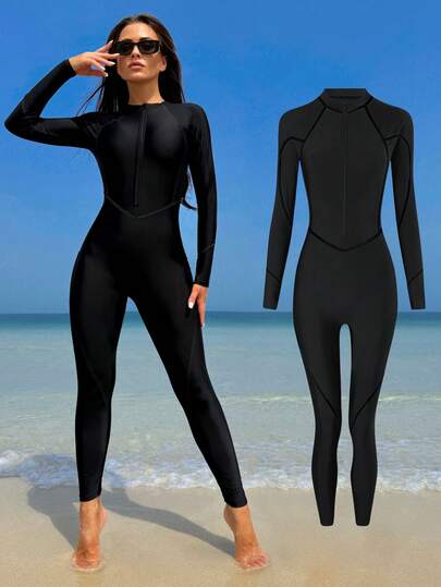 Solid Base Color Contrasting Slim Edge Long-Sleeved Zipper Sports Style One-Piece Swimsuit