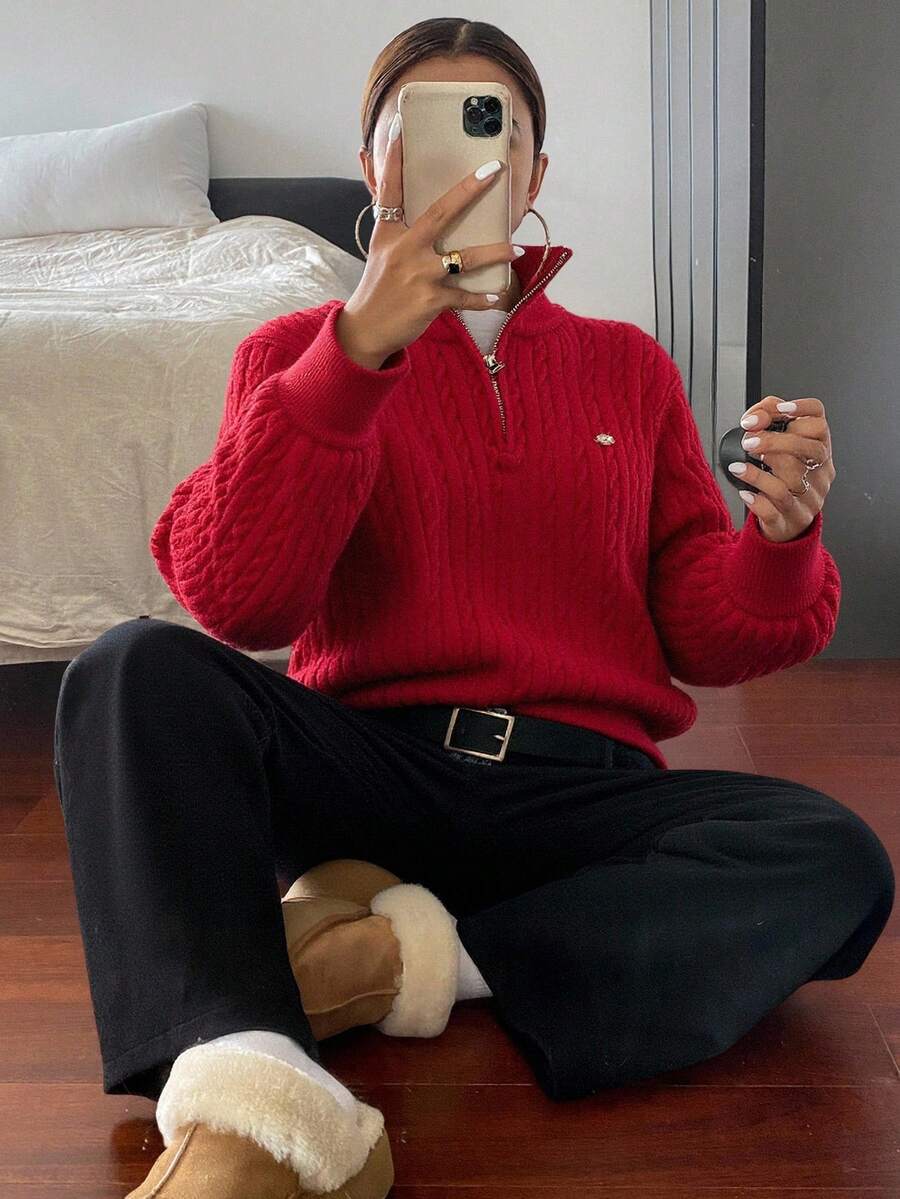 Livesso 1 Áo len dài tay màu trơn có khóa kéo phía trước dành cho nữ, trang phục thường ngày, quần áo mùa thu cho nữ - Đỏ - Xem 1