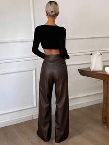 Livesso PU Leather Casual Solid Color Wide Leg Cropped Women Pants Women Dress Pants Fall - Coffee Brown - View 3