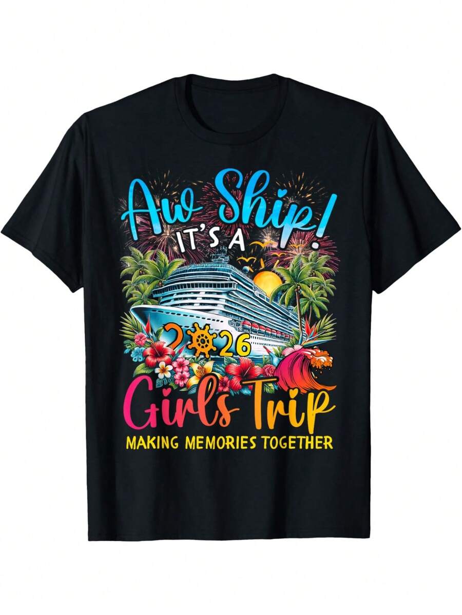 Women'S Aw Ship It'S A Girls Trip 2026 Cruise Vacation T-Shirt - Vibrant Cruise Ship & Tropical Graphic Print, All-Over Print Design, Comfortable Round Neck Casual Tee For Bachelorette Party, Girls Trip & Cruise Outfits (Adult Women'S Novelty Souven - 黑色 - 查看 1