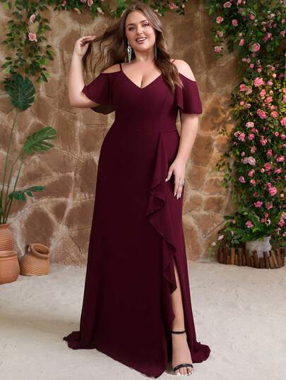 Women Plus Size Solid Color Elegant Mature Chiffon Ruffle/Ruffle Slit Zipper Bridesmaid Dress Evening Party For Wedding Guest Maid Of Honor, Wedding Party, Formal Dinner, Spring/Summer/Autumn