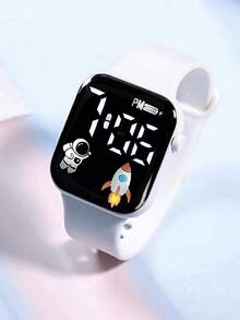 6/1pc Girls Cartoon Heart-Shaped Square Digital Watch + Necklace Bracelet Earrings Ring Jewelry Set Halloween Gift Christmas Gift Birthday Gift