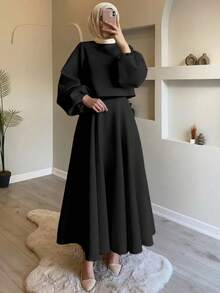 2025新款优雅A字连衣裙，纯色女式上衣和吊带连衣裙两件套，秋冬黑色春季款 - 黑色 - 查看 4