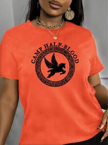 Women's Elegant Round Neck Short Sleeve T-Shirt - Vibrant Orange Half-Elf Pattern, Lightweight Polyester Fiber, Machine Washable Spring Summer Casual Top, Smooth Fabric, Spring Summer Clothing - 橘色 - 查看 6